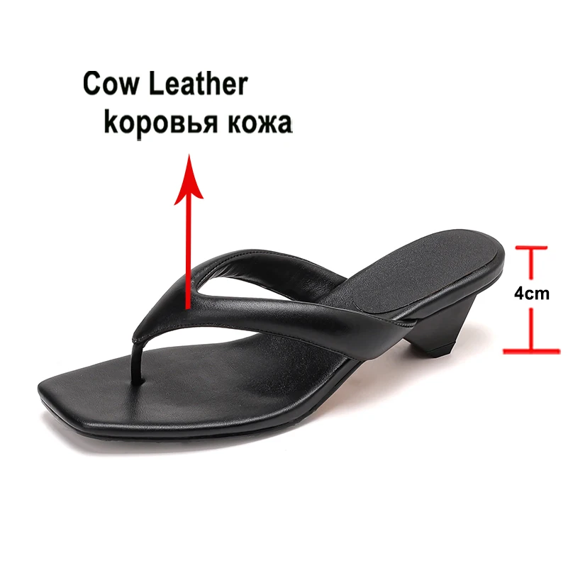Meotina Women Genuine Leather Flip Flop Slides Square Toe Thick Mid Heels Sandals Concise Slippers Ladies Fashion Shoes Summer