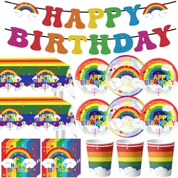 Rainbow Birthday Party Disposable Dinnerware Rainbow Shape Paper Plates Cup Napkin Happy Birthday Banner Rainbow Theme Decortion