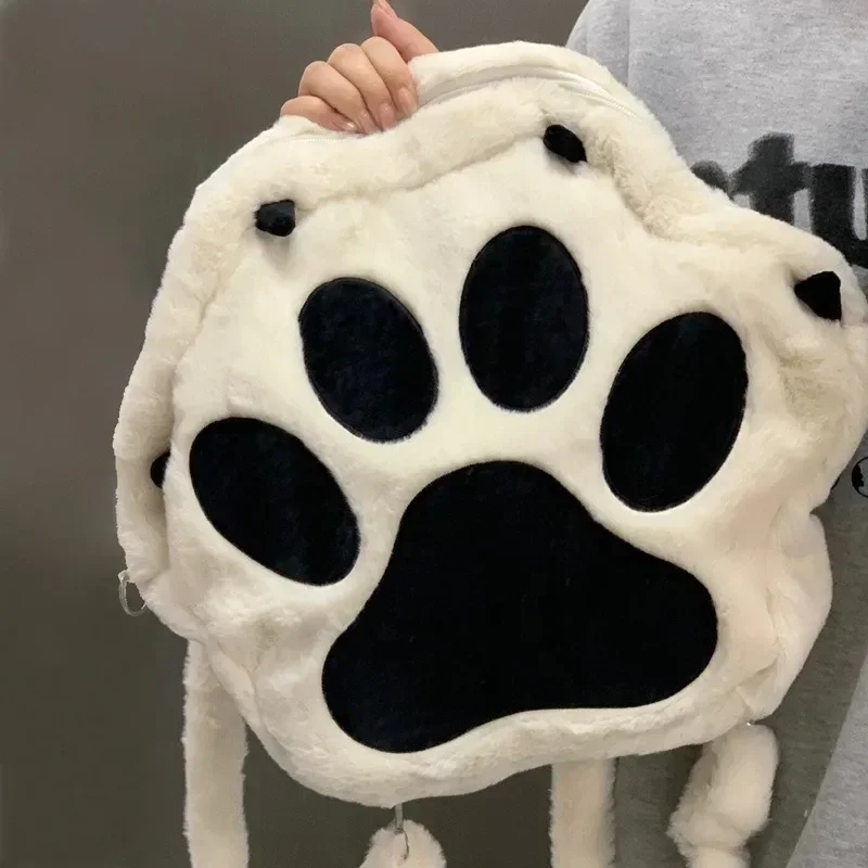 Sac à dos en peluche patte de chat mignon avec bretelles réglables, sac Kawaii avec fermeture éclair, sac JK pour filles, sac de dessin animé pour femmes