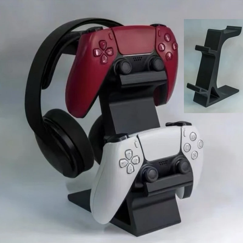 3-in-1 PS5 Controller Stand For Desk With Headset Holder Gaming Organizer For 2 Gamepads & 1 Headphone Non-Charging Desktop Dock