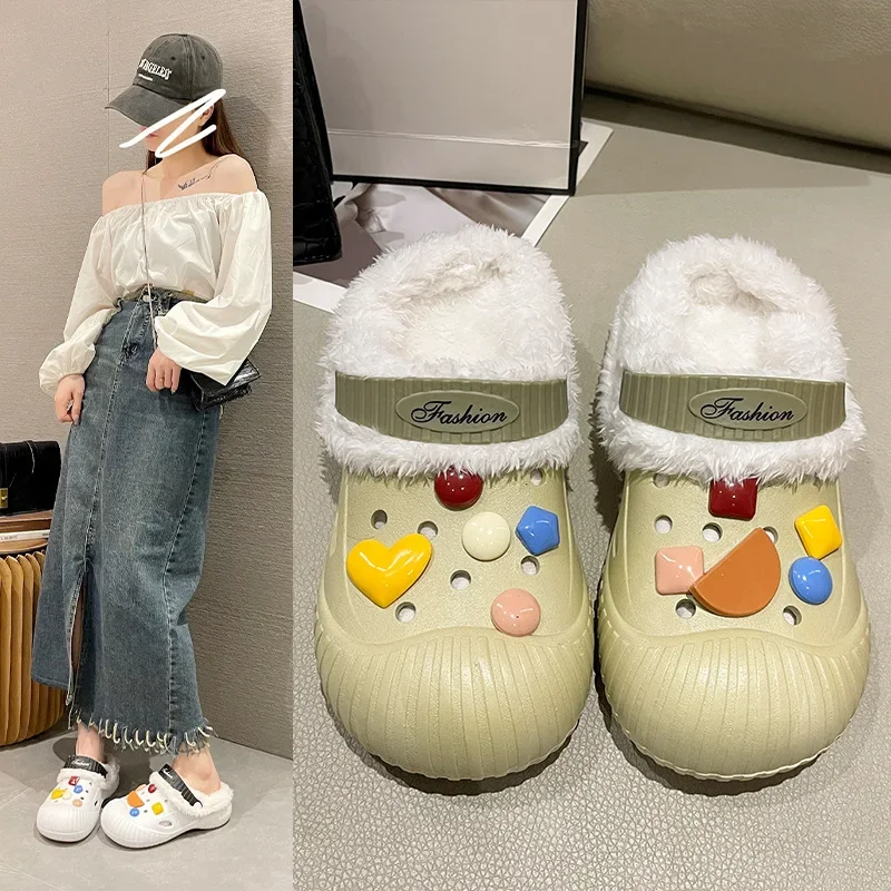 

Men's and women's winter removable washable cotton slippers home outside non-slip furry shoes indoor plus cotton garden shoes