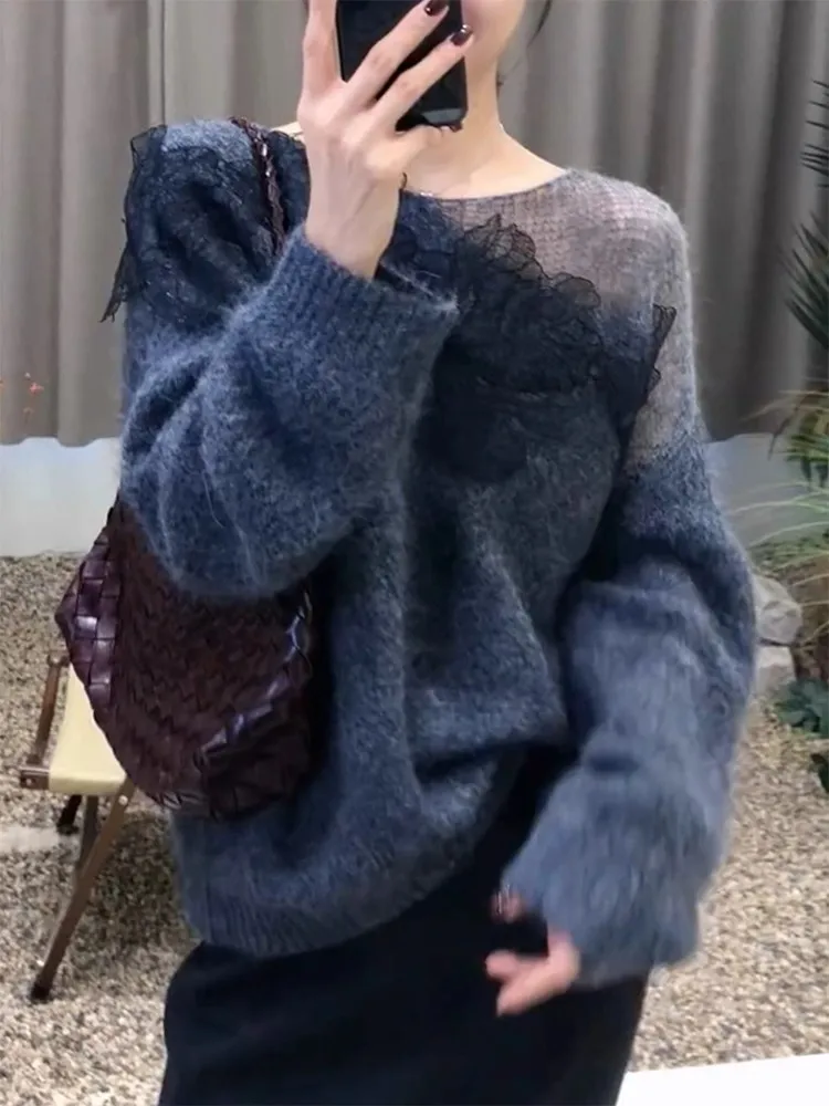 

Осенне-зимний новый стиль: женский вязаный свитер с длинными рукавами, ажурный, с цветочным узором, повседневный, свободного кроя, средней мягкости