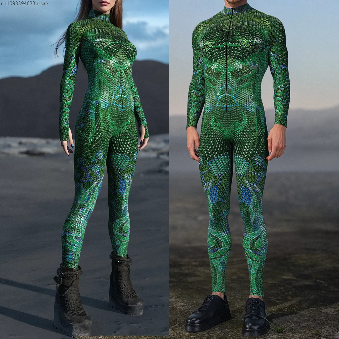 

Men Women Couple Mermaid Walker Jumpsuit Halloween Cosplay Punk Green Fish Scale Zentai Suit Festival Party Rave Bodysuit