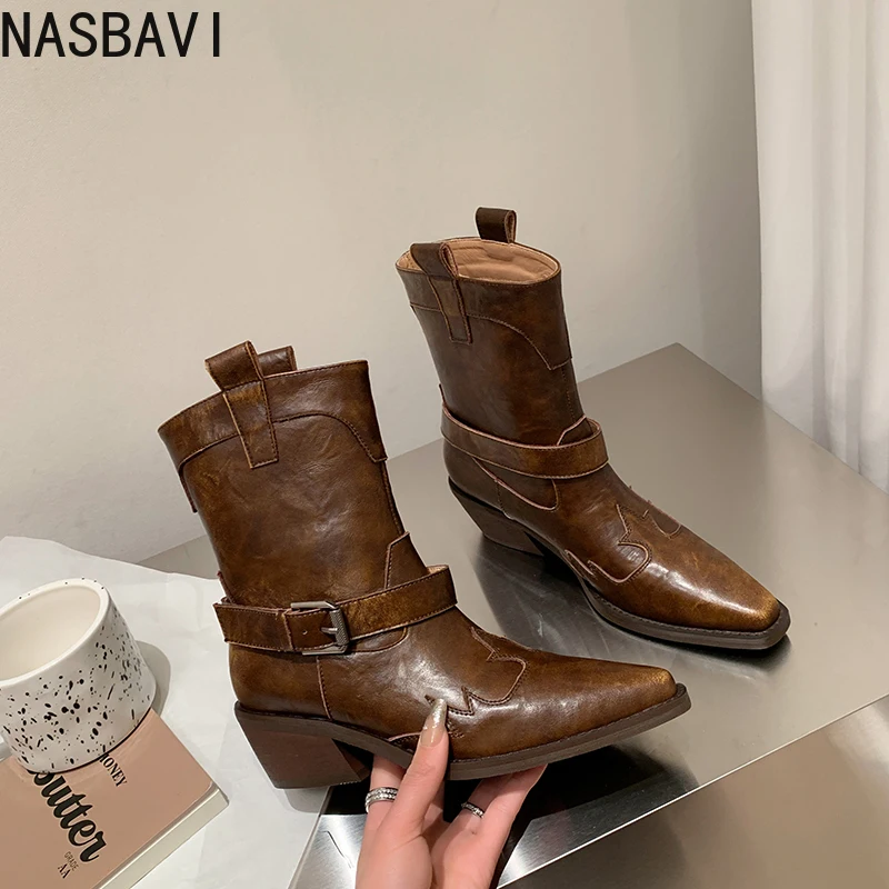 

NASBAVI 2026 Fashion Winter Women Ankle Boots Autumn Shoes Cow Leather Mid Heels Motorcycle Pointed Toe Dress Short Boots 34-40