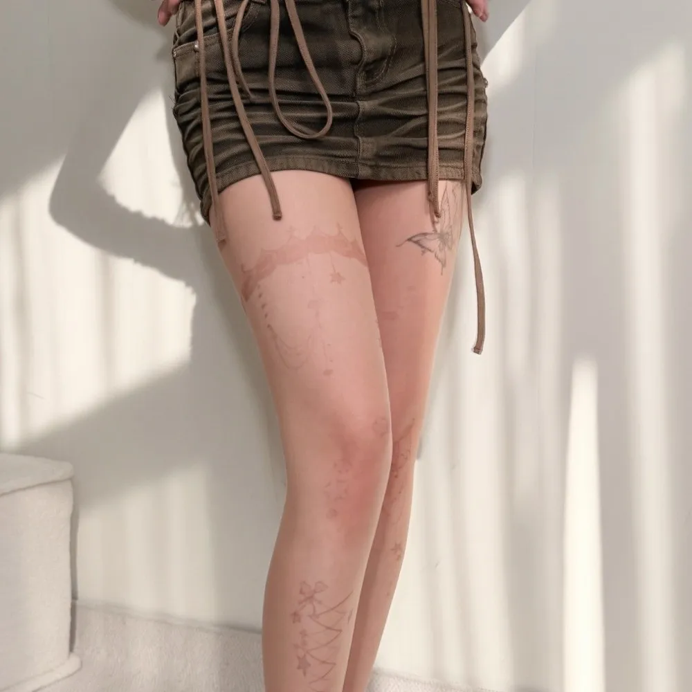 Y2K Invisible Tattoo Stockings Colorful Childishness Star Jellyfish Shell Pantyhose Butterfly Hand-drawn Silk Stockings Party