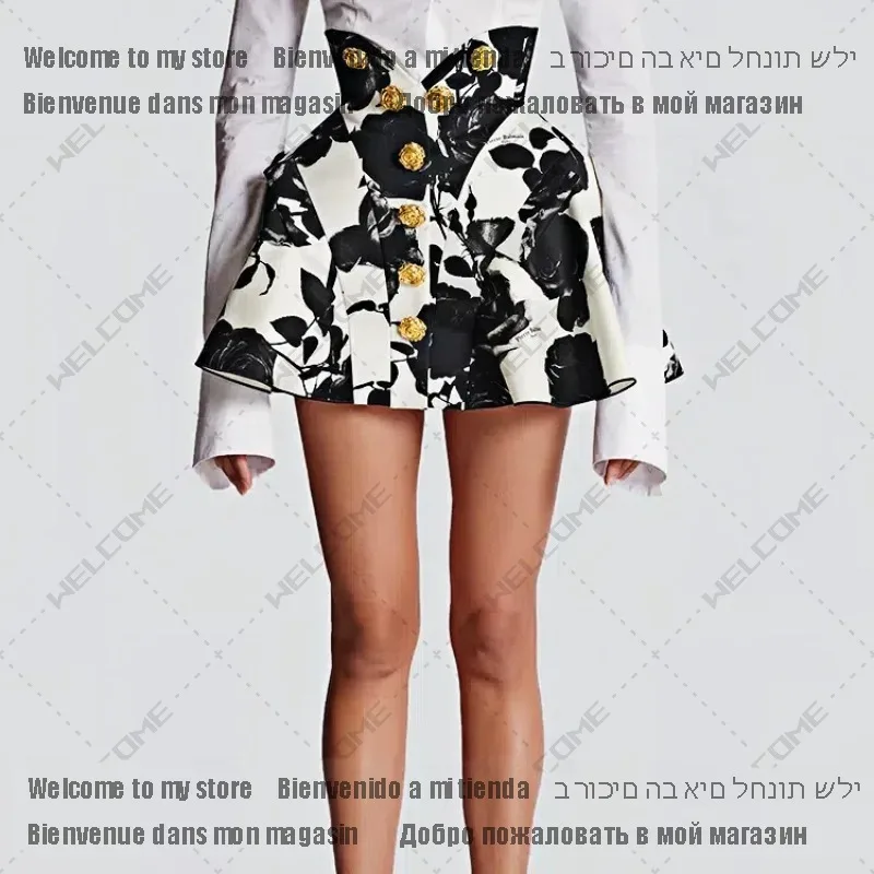 

Newest Runway Designer Fashion Women's Metal Rose Buttons Printed Floral Mini Skirt