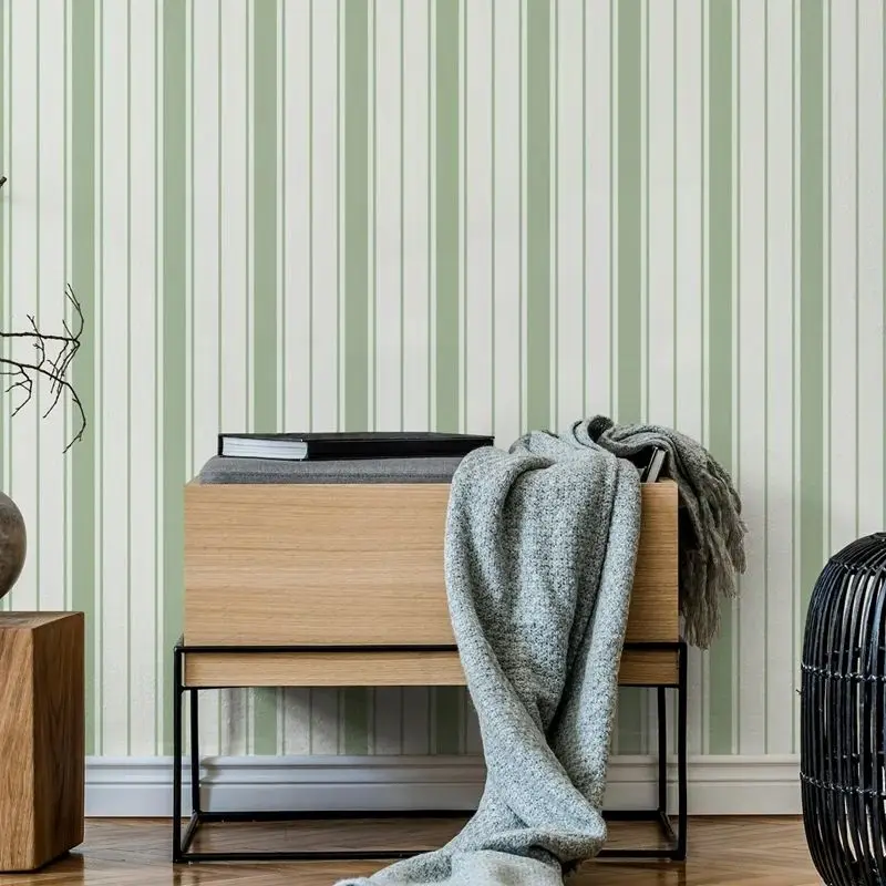 

Coastal Stripes Wallpaper,Geometric Peel and Stick Wallpaper,Sage Green On White Color, Non-woven Wall Mural For Living Room