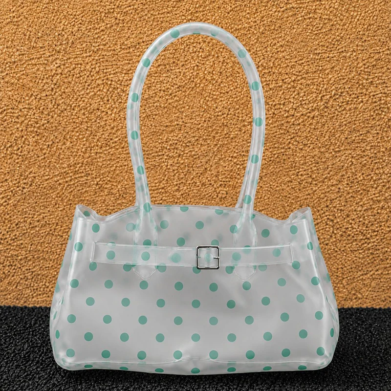 Cute Mint Green Polka Dot Frosted Transparent PVC Jelly Handbag Lady Buckle Decor Top Handle Tote Purse Summer Daily ShoppingBag