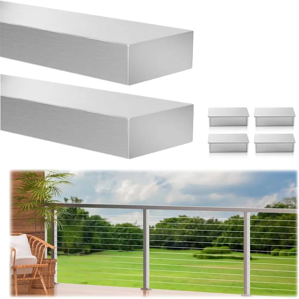 درابزين مصقول من الفولاذ المقاوم للصدأ T304، عبوتان من درابزين كابلات مستطيلة، حاجز علوي مسطح مع أغطية نهاية معدنية للداخلية والخارجية