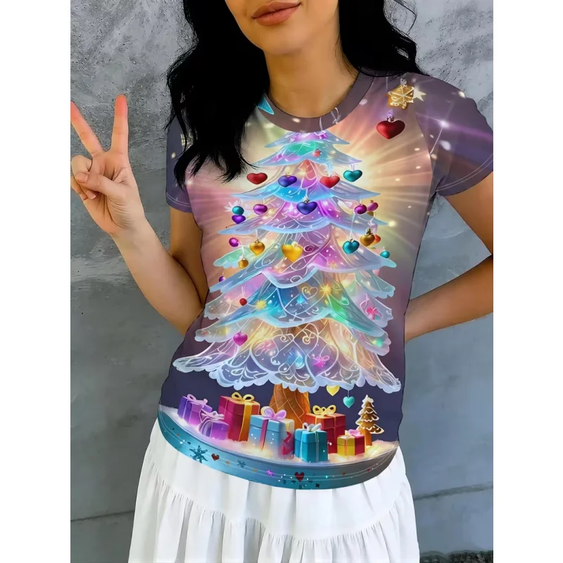 Ladies' Short Sleeved Round Neck Casual Christmas Party T-shirt 3D Fun Christmas Element Printed Regular Versatile Top T-shirt