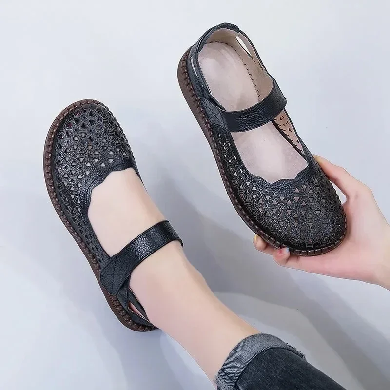 2023 Summer New Hollow Out Cool dance Women Fashion Breathable Casual Soft Sole Flat Heel Leather Single Shoes Drop Shipping