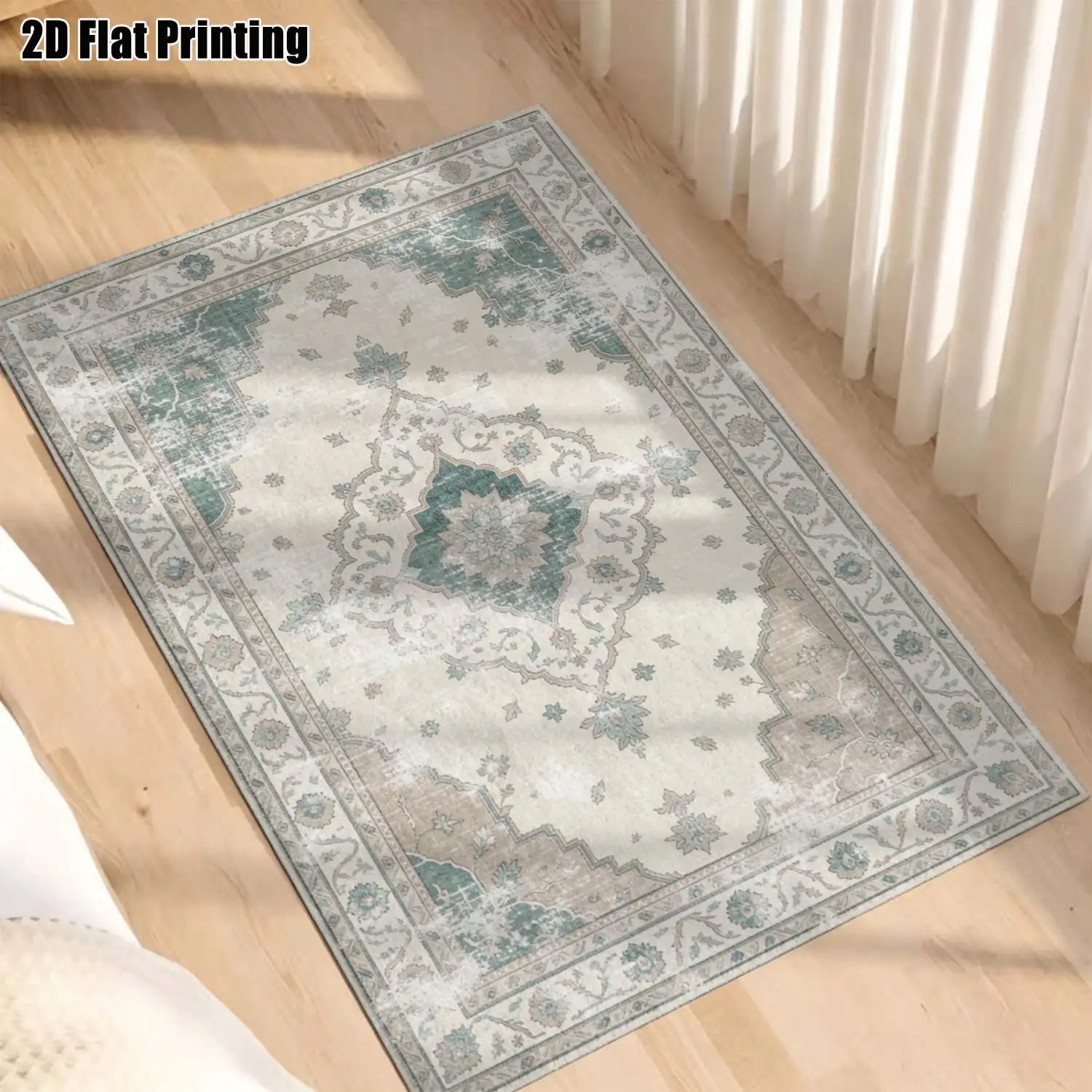 1Pc 2D Printed Retro Blue-Grey Floral Carpet Vintage/Geometric Minimalist Options for Home Decor, Multiple Sizes, Machine Washable. Ideal for Living Room, Bedroom, Dining Room, Entryway, Study.