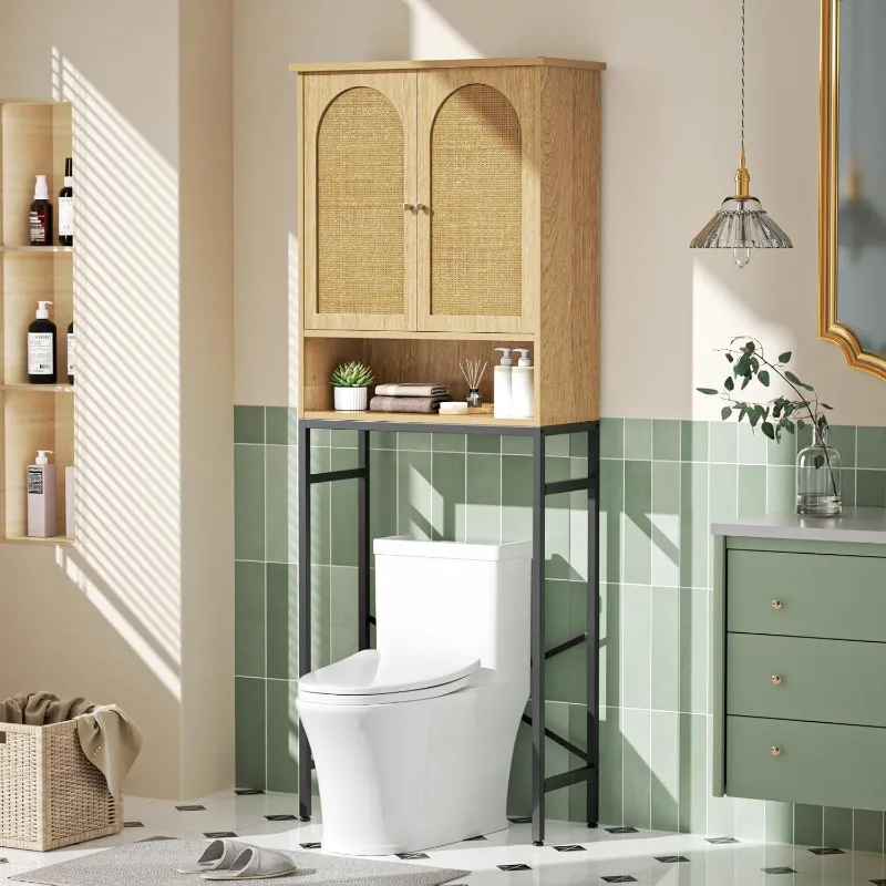 Rattan Toilet Storage Cabinet, Over the Rack Wood Cabinet with Metal Stand, Bathroom Organizer with Adjustable Shelf