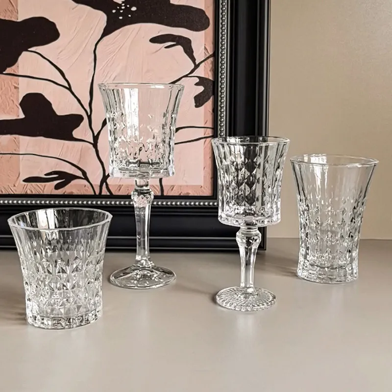 LIVETAI Luxury Diamond Embossed Crystal Wine Glass High Footed Goblet for Whiskey Champagne Home Bar Party Wedding
