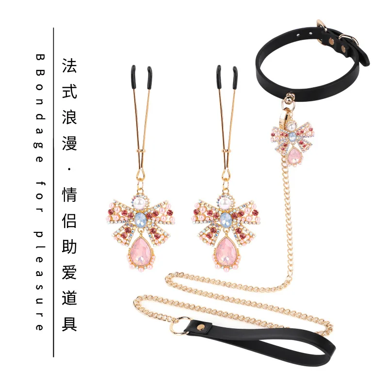 Crystal Butterfly Nipple Clamps & Leash Collar – Zircon Pendant, BDSM Training Bondage Set, Adult Sex Toy & Adult Game view 2