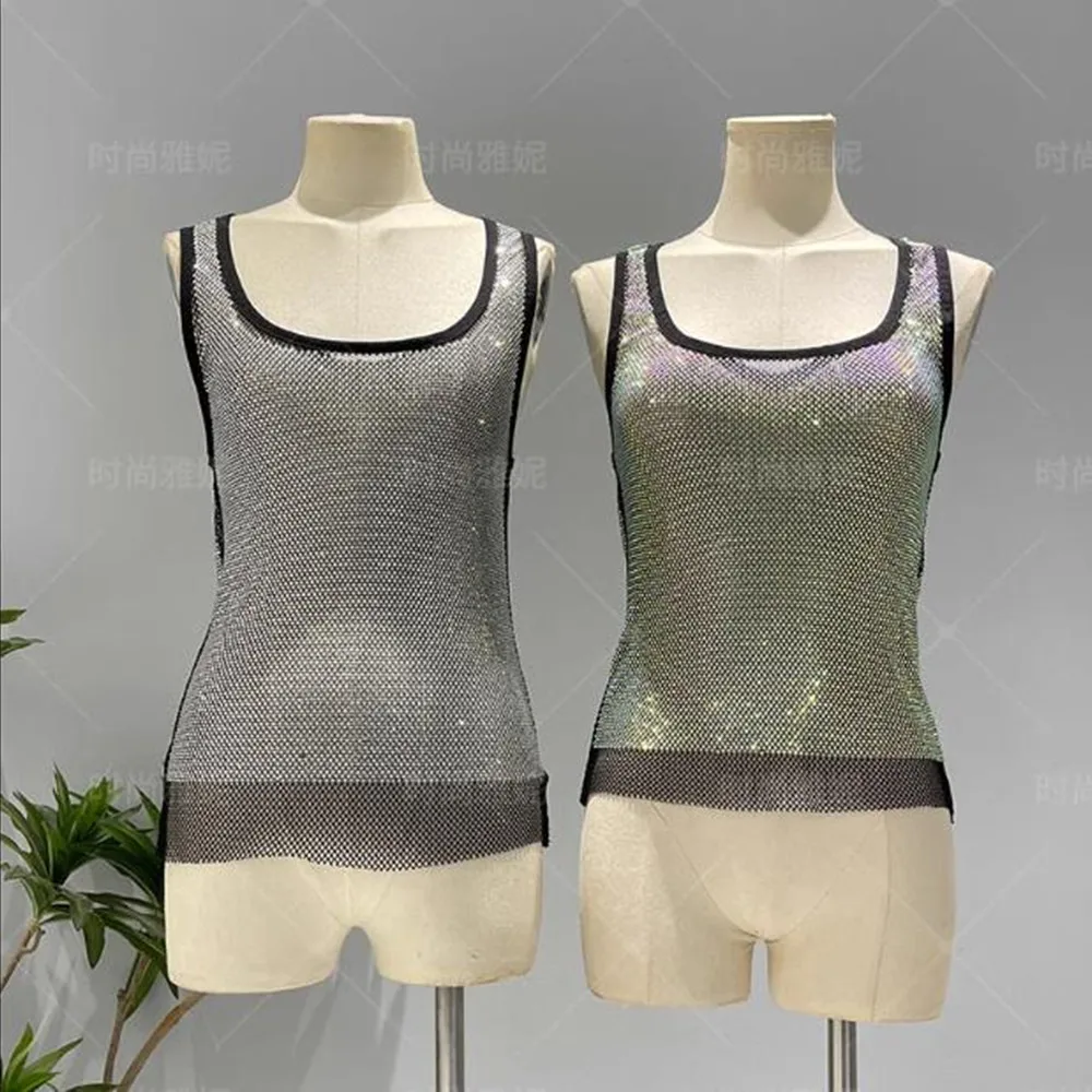 

2024 Summer Mesh Stitching Vest for Women Sleeveless Semi-high Necked Joker Rhinestone Bottoming Top