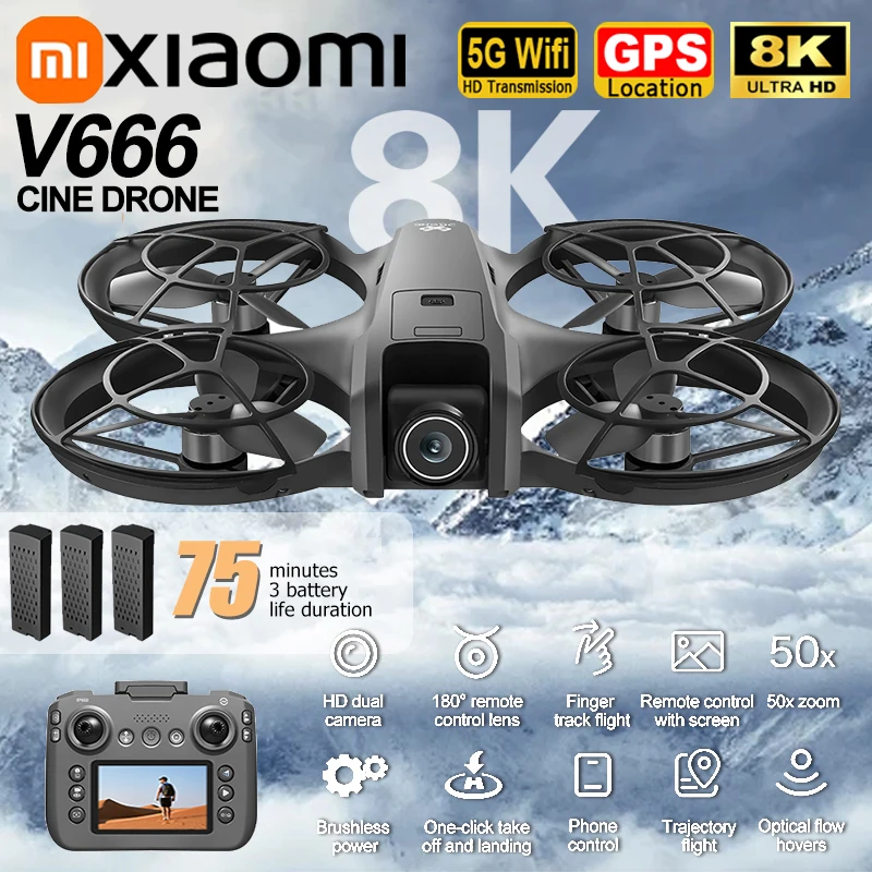 Xiaomi V666 جهاز تعقب جوي صغير بدون طيار 8K HD قابل للطي ذكي لتجنب العوائق شاشة التحكم عن بعد محرك بدون فرشاة نظام تحديد المواقع بدون طيار