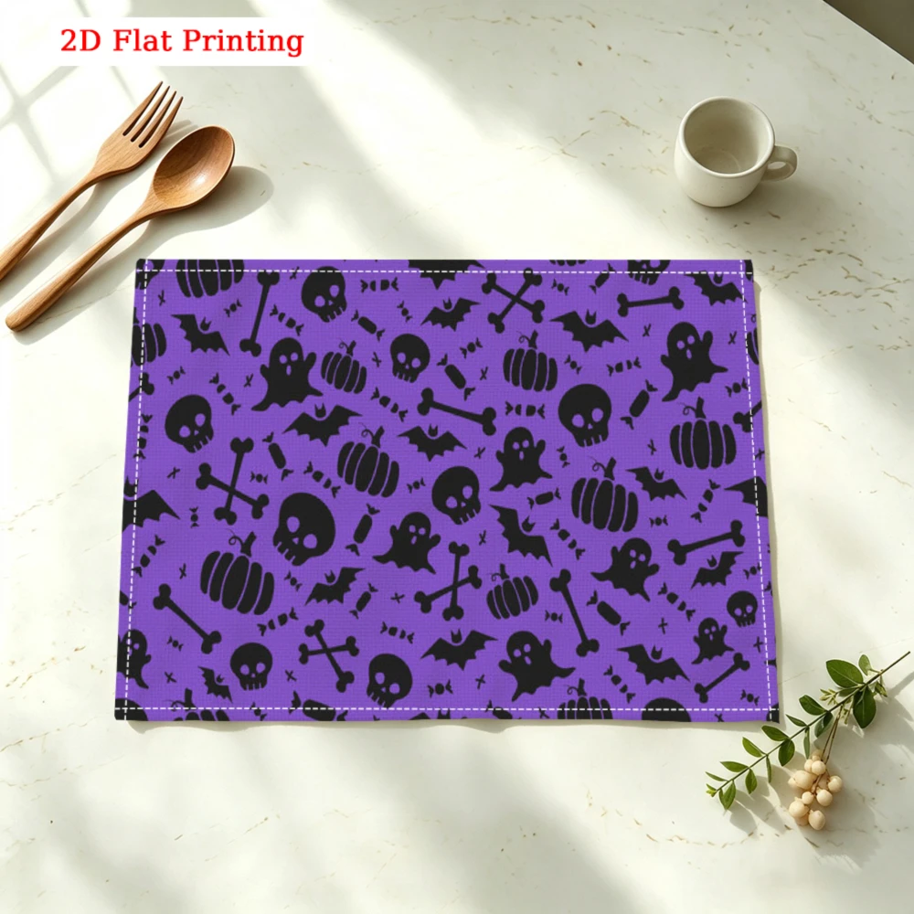 1pc Halloween Placemat Purple Skull Pumpkin Bat Ghost Print Table Mat Kitchen Dining Decor Non Slip Heat Resistant 30x40cm