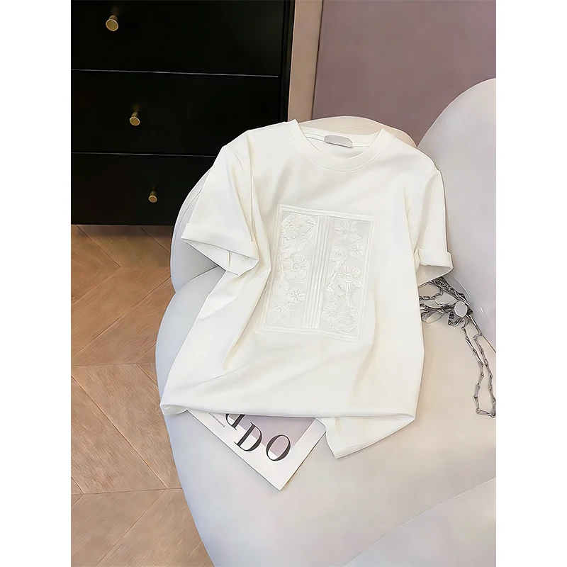Relief Print Short T-shirt for Women 2026 Summer New Casual Loose Pink Sweet Tops Vintage Personalized Men O-neck Versatile Tees