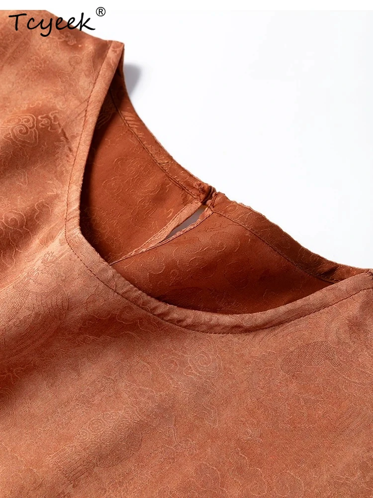 Tcyeek 100% Real Silk Tops for Women 2026 Spring Summer Breathable Vintage Deep Orange T-shirt Clothing for Ladies Ropa De Mujer