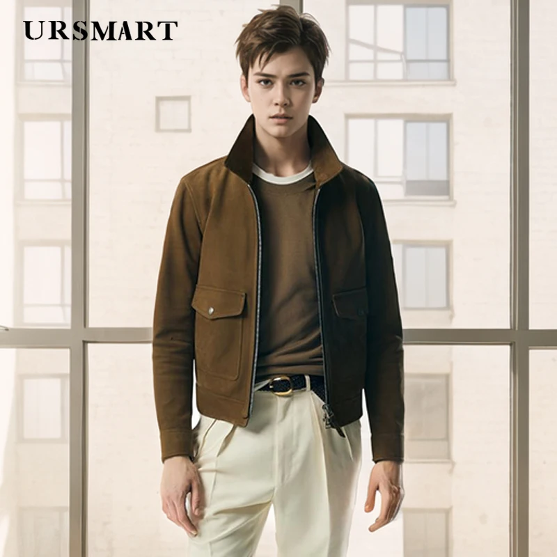 

High quality brown suede men's jacket, fashionable, casual, and handsome standing collar leather customized short jacket