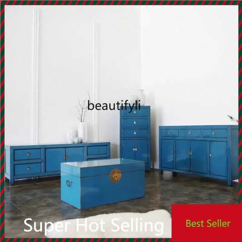 

K132 New Chinese solid wood old TV cabinet simple antique paint floor cabinet household storage cabinet
