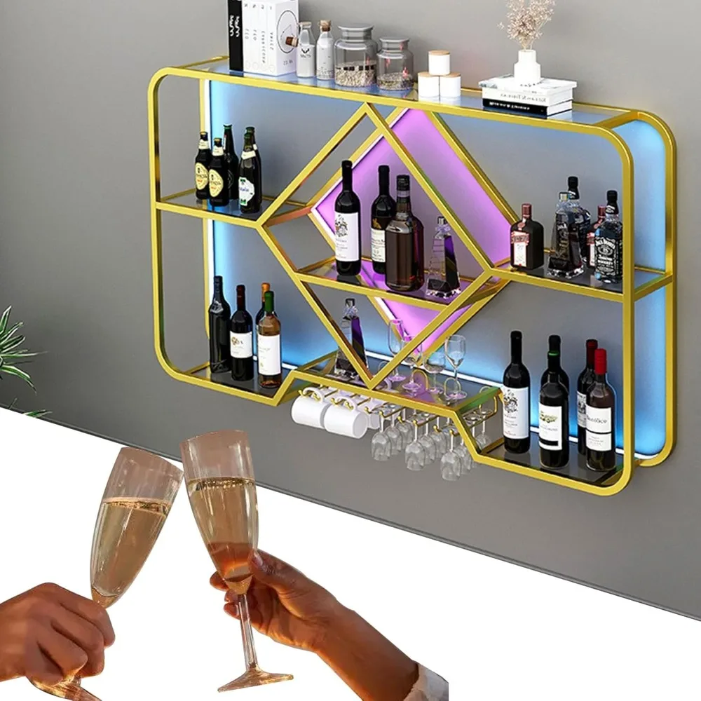 

Wine Rack Bar Shelves Wall Mounted with Wine Glass Rack Mini Bar Liquor Cabinet Bar Bottle Display Shelf Metal Wall Cabinet