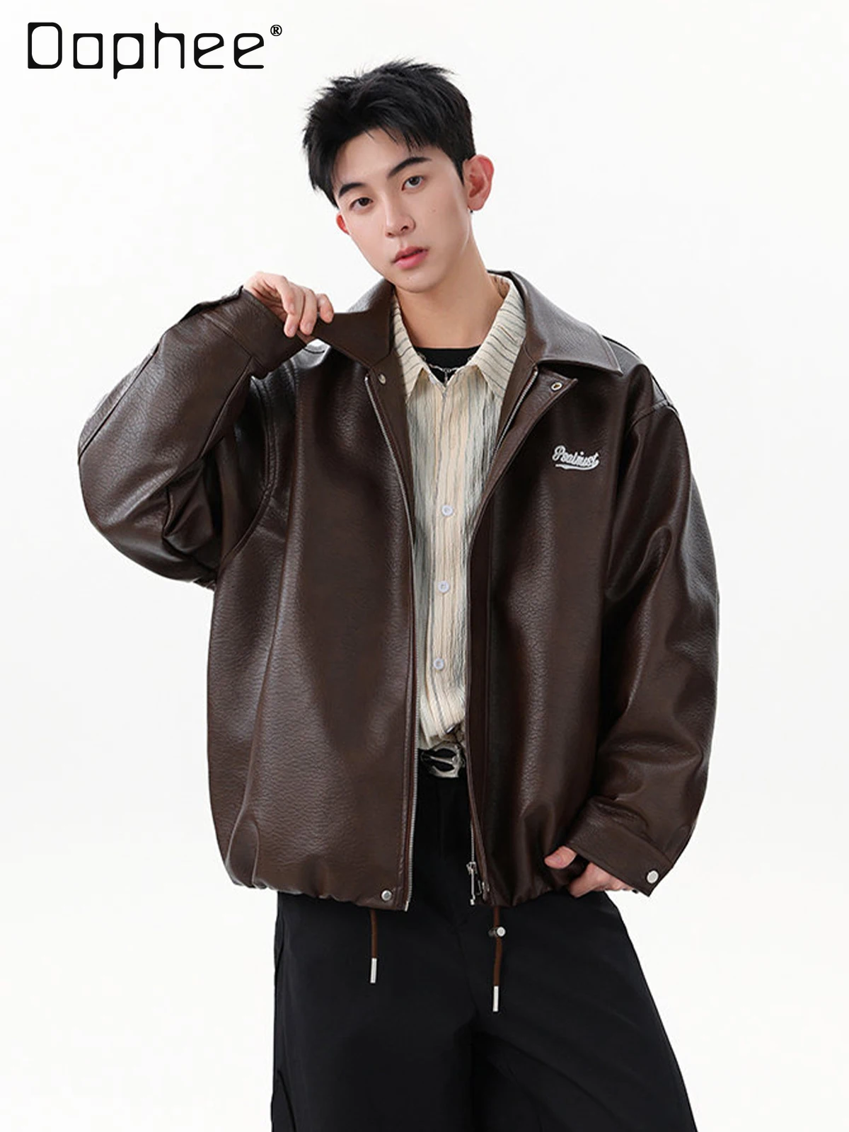 

Spring and Autumn American Style Motorcycle Jacket Men's Loose Casual Handsome Turn-down Collar Black White PU Leather Jacket