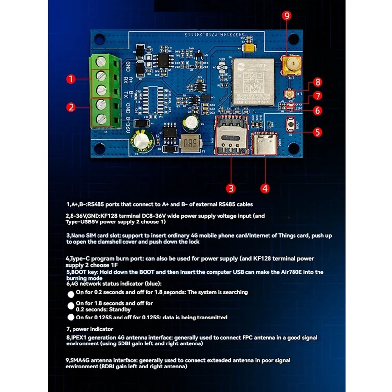 Module 4G vers RS485 Module Air780e 4G vers RS485 Module RS485 vers 4G Module de Transmission de données Air780e 4G vers RS485