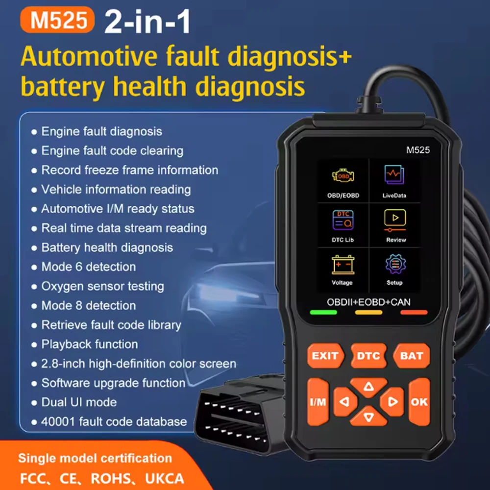 

M525 OBD2 Scanner Battery Tester 6V 12V Car Diagnostic Tool Check Engine Code Reader for All Gas Free Vehicles Trucks SUVs