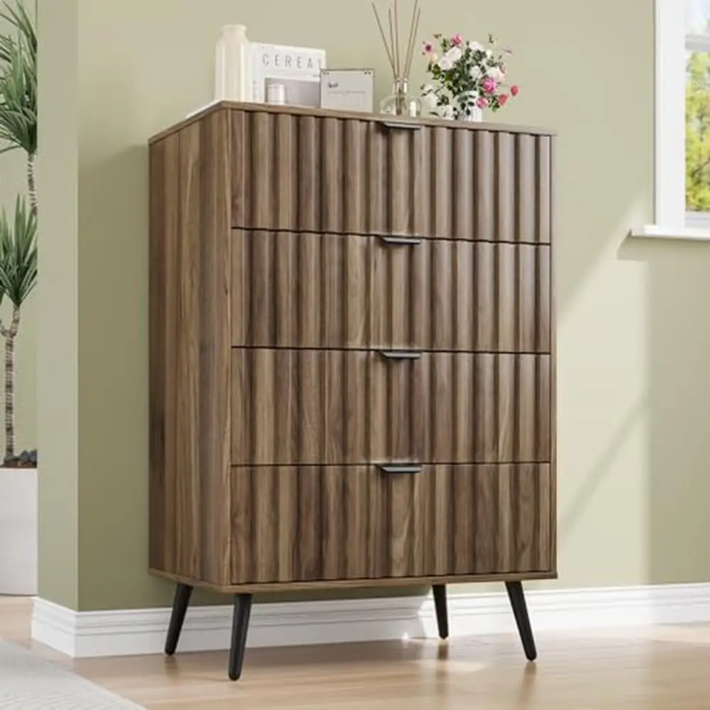 Fluted Walnut Dresser 4 Drawer Chest Mid Century Modern Bedroom Storage Organizer