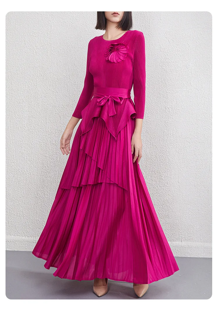 

Miyake Irregular Full Skirt Spring/Autumn New Solid Color Lace-up Pleated Waist-cinching Top and Dress Two-Piece Set for Women