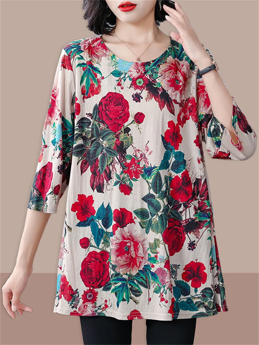 

6XL Loose Thin Women Spring Summer Shirts Lady Fashion Casual Half Sleeve O-Neck Collar Flower Printing Blusas Tops TT2019