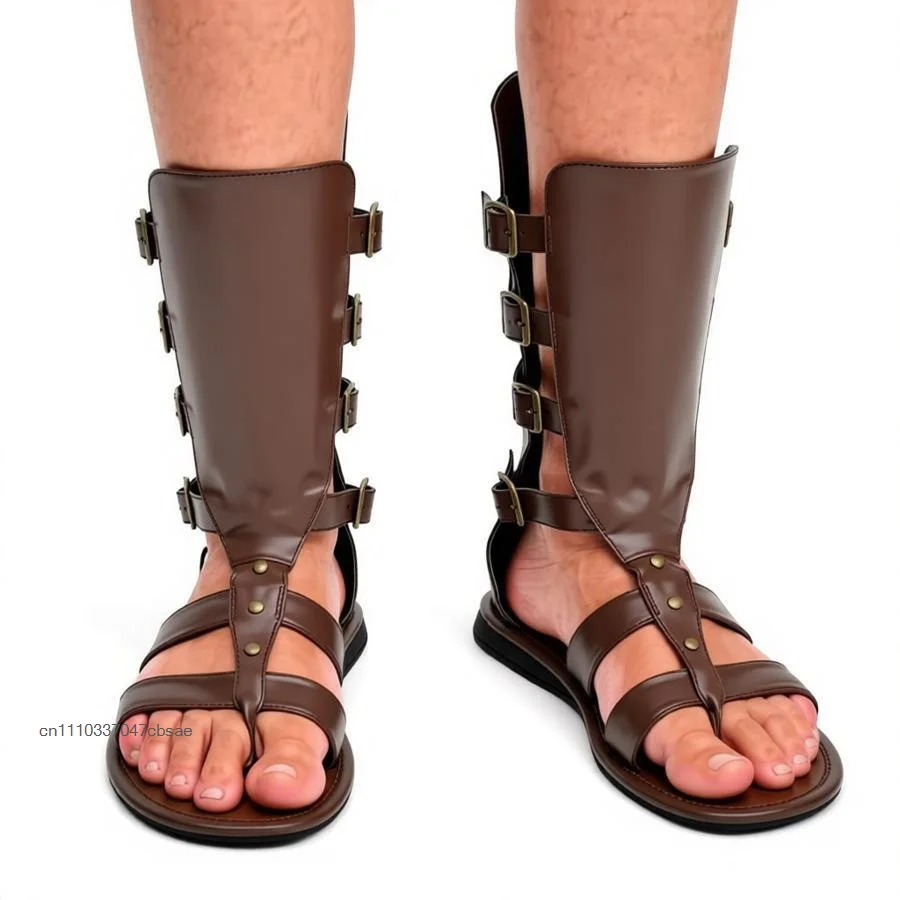 Roman Gladiator Men Sandals Open Toe Multi Adjustable Metal Buckle Straps Flat Warrior Footwear Party Stage Historical Shoes
