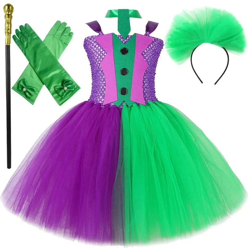 Fleck Clown Halloween Costumes for Girls Carnival Party Outfits Children Anime Tutus for Kids Purple Green Joker Cosplay Dresses