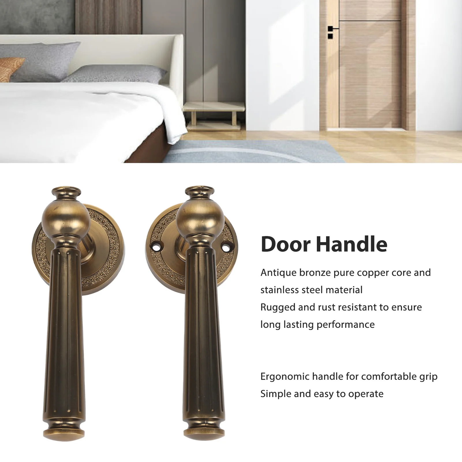 2Pcs Door Handle Lock Antique Bronze Comfortable Grip Pure Copper Silent Interior Door Lever for Indoor Bedroom Indoor Handle