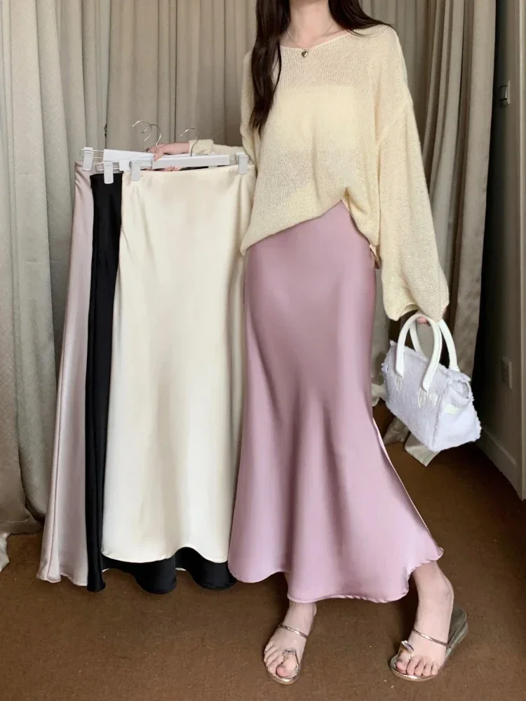 Women's Long Skirt Spring Summer Satin Silk A-line Skirt High Waist Ladies Korean Fashion Solid Pink Fishtail Skirts for Women