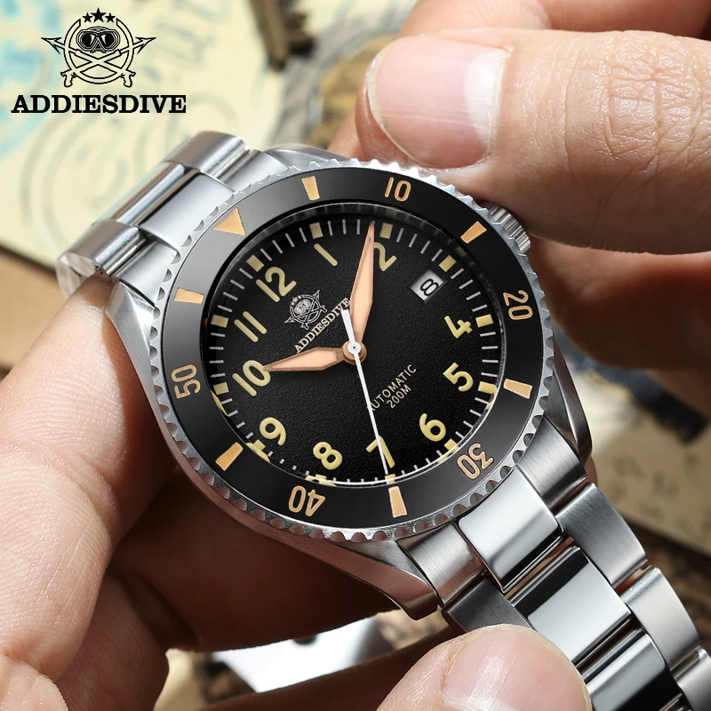 Addiesdive masculino retro relógio de vidro safira 200m à prova dwaterproof água windows display c3 super luminoso nh35 relógio mecânico automático