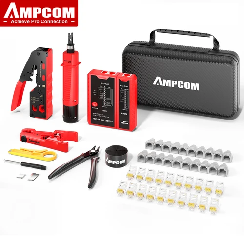 AMPCOM RJ45 Kit de herramientas de red de prensado de paso para Cat5e Cat6 Cat7 con engarzador de red/herramienta de perforación/probador de Cable TEL/LAN