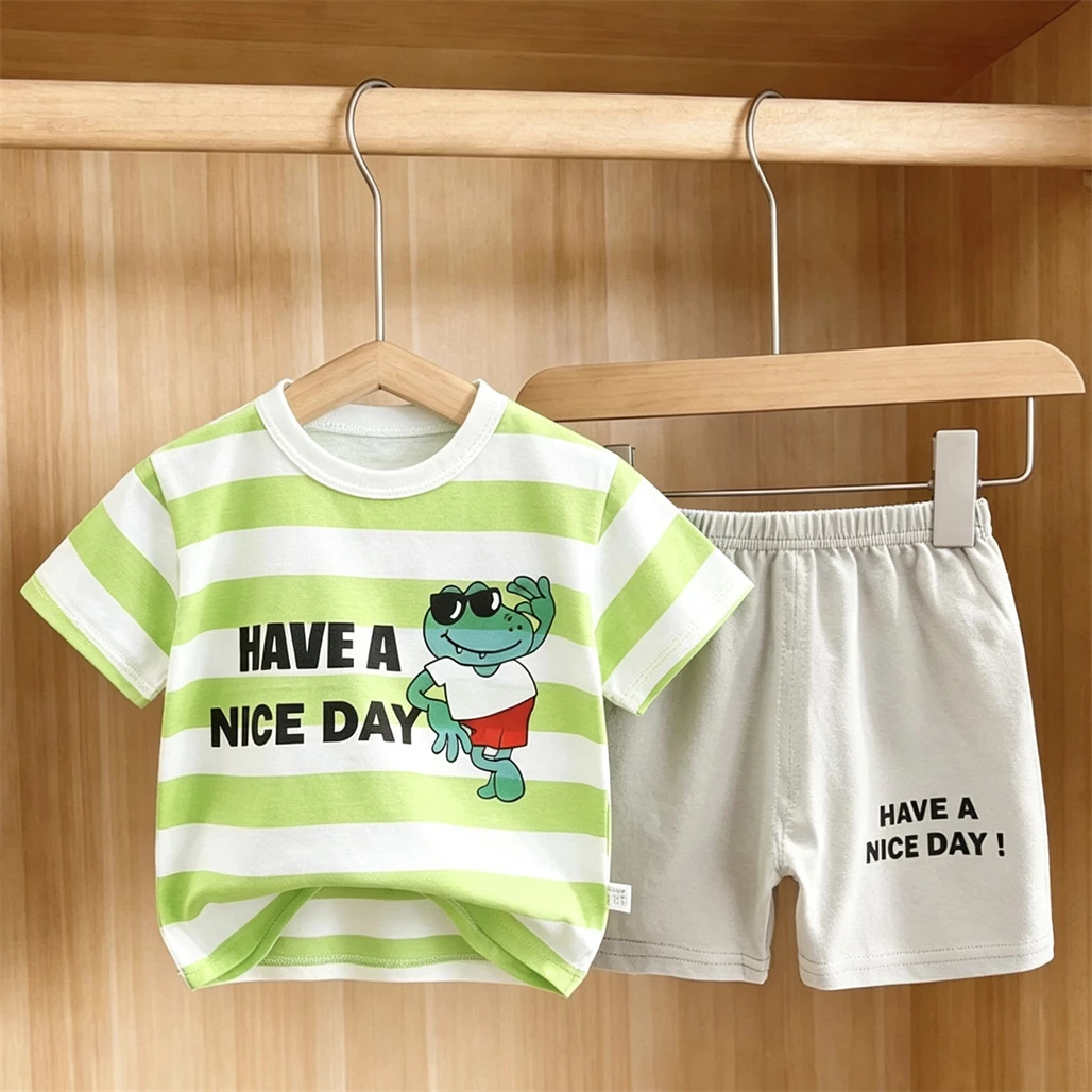 Boys And Girls Short-sleeved Outfits 2026 New Design Kids Summer Costume Cartoon Printed T-shirt Loose Shorts Unisex Clothes