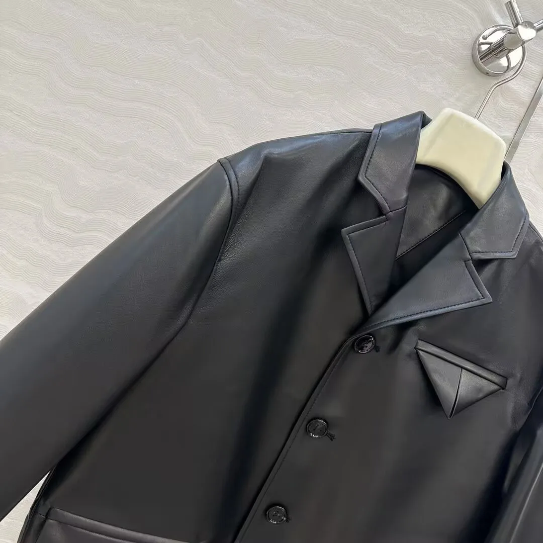 Top Quality 100% Sheepskin Suit Jacket Women Notched Long Sleeve Four Buttons Black Cool Genuine Leather Unisex Style Retro Coat