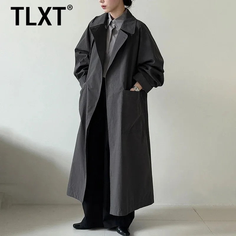 

TLXT Fashion Women's Elegant Belt Gathered Waist Trench Lapel Irregular Button Office Lady Long Windbreaker 2025 Autumn New