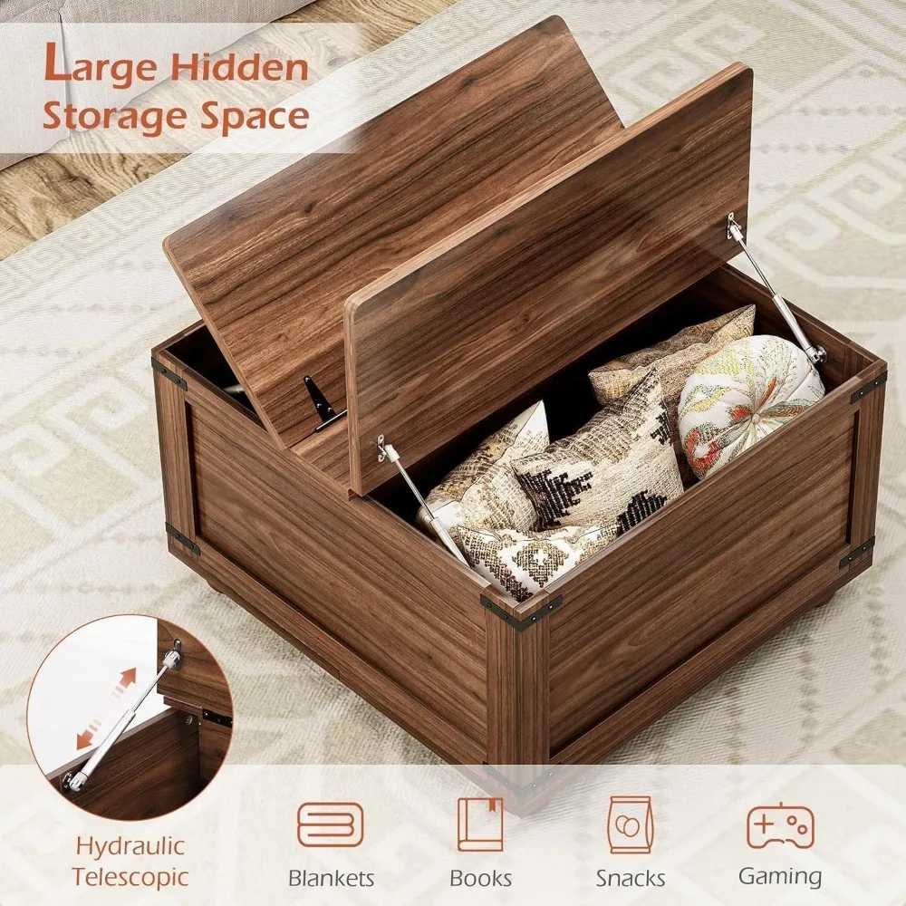 Meja Kopi Lift Penyimpanan untuk Ruang Tamu, Desain Kaki Labu Kayu Persegi dengan Mekanisme Hidrolik