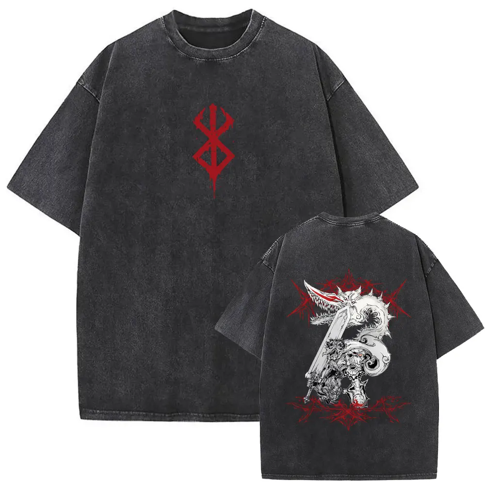 Anime Berserk Guts Nosferatu Zodd Washed Vintage T-shirt Retro Manga Gatsu Griffith T Shirt Men Women Casual Oversized T-shirts view 4