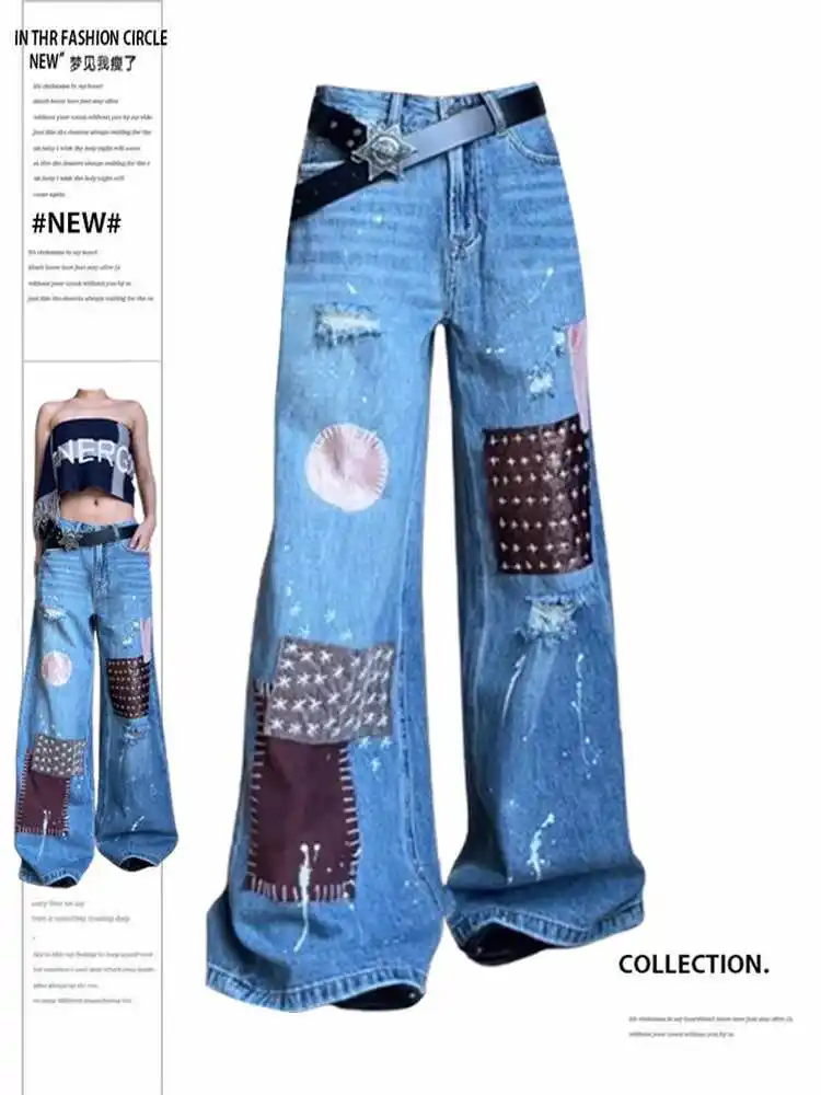 

Women Summer Korean Baggy Chic Patch Design Jeans Grunge Japanese Trashy Y2K Denim Pants 2000s Aesthetic Harajuku Punk Style