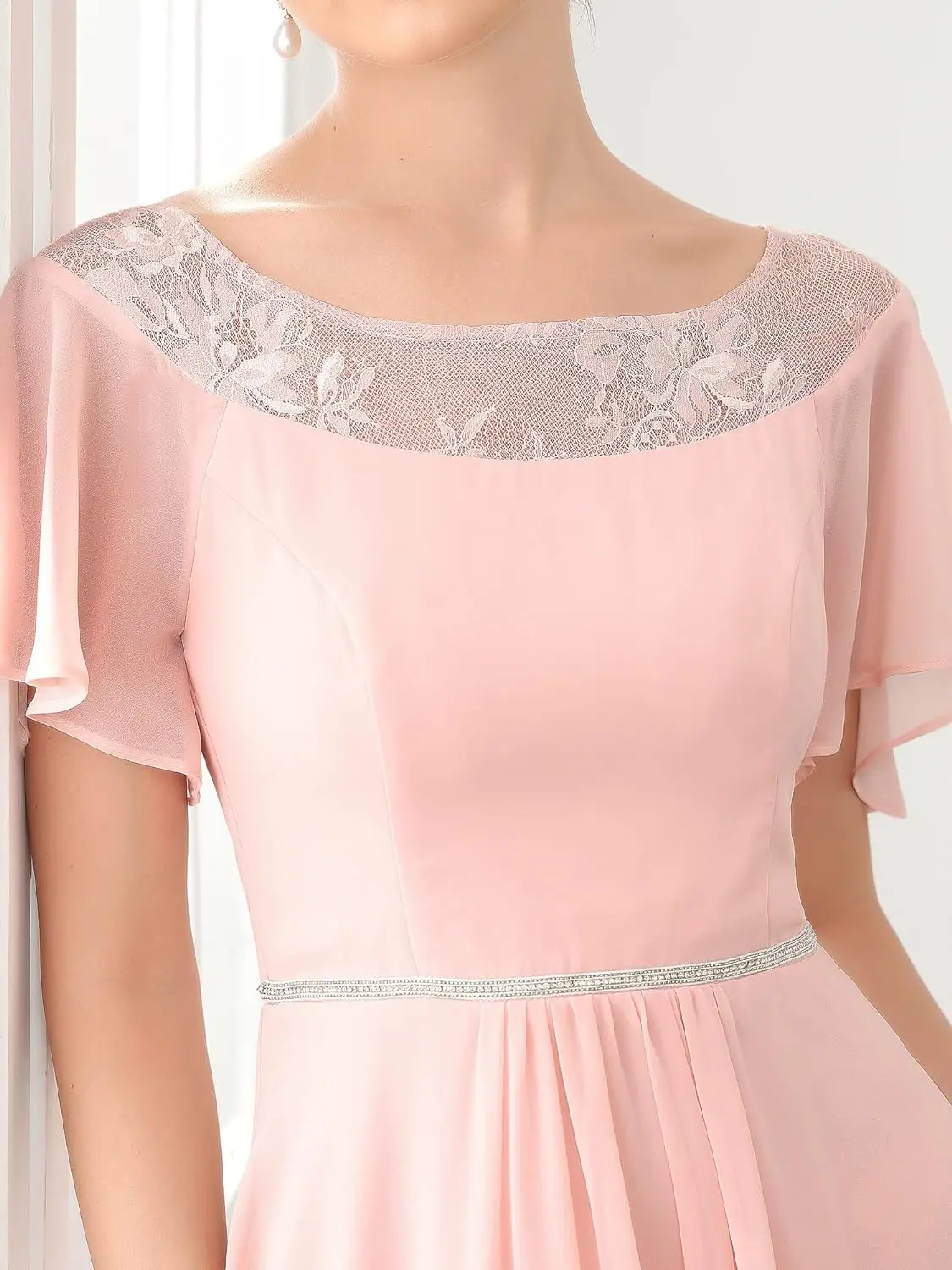 Abiti da damigella d'onore Midi in Chiffon con perline di pizzo alto e basso con maniche a balze da donna