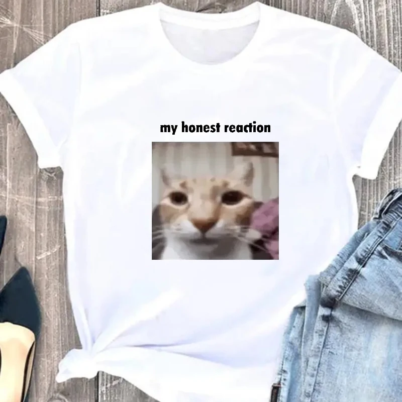 T-shirt humoristique pour femmes avec motif chat 'My Honest Reaction', décontracté, à manches courtes, style Y2K Harajuku Streetwear, hauts d'été