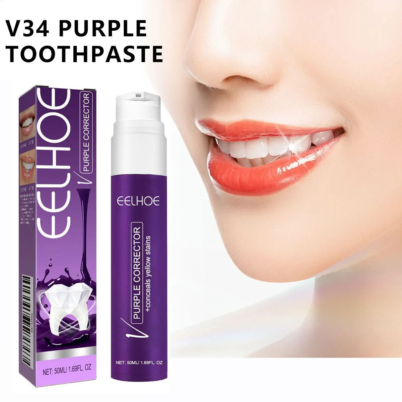 

Teeth Whitening Purple Toothpaste Oral Cleansing Stains Brighten Yellow Tooth Removal Bad Breath Dental Hygiene Color Correction