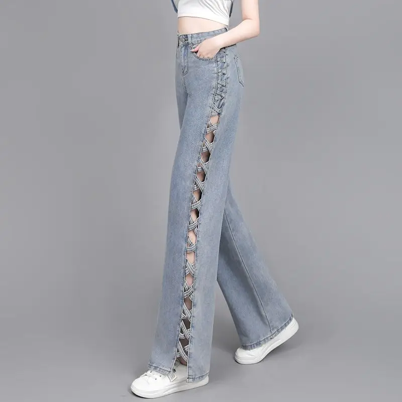 

New Design Women Light Blue Denim High Waist Pants Side Cut Out Detail Wide Leg Loose Fit Summer Fashion