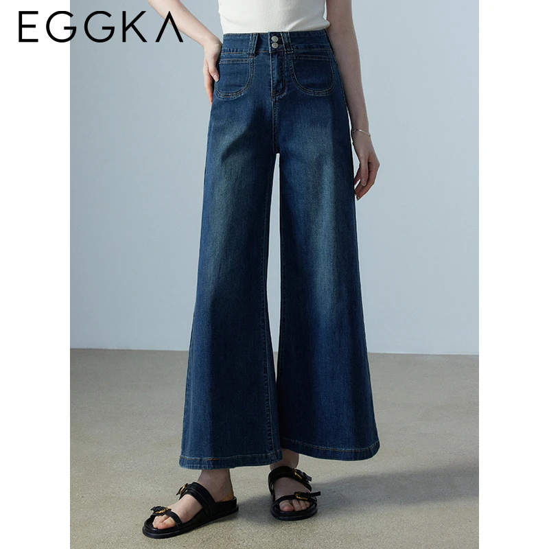 

EGGKA Women's Retro Blue Jeans Double Buttons Design Wide Leg Pants Vintage Loose Jean with Pockets 2024 Fashion Denim Trousers